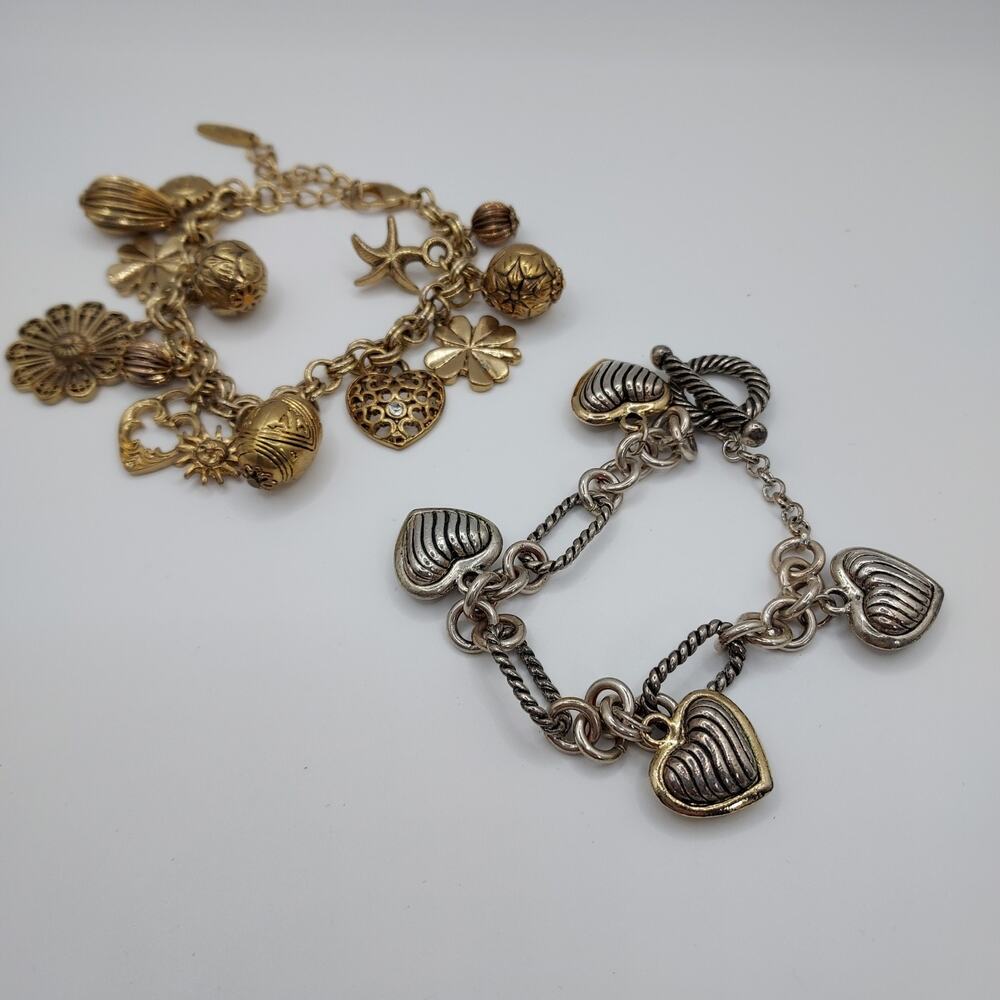 Charm Bracelets Set of 2 Mixed Metal Hearts and Gold Multi Theme to Layer